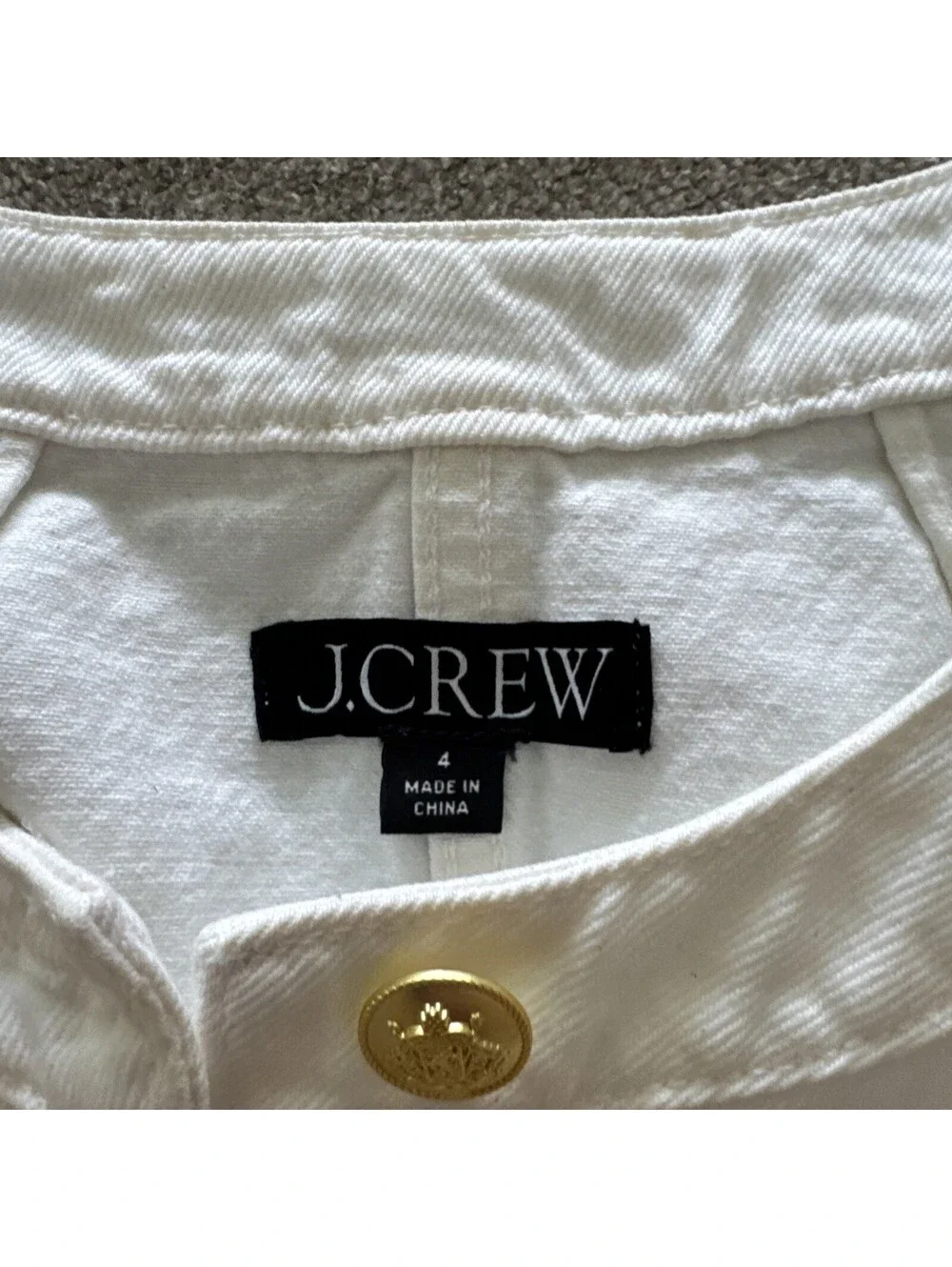 J.Crew Re-Imagined Size 4 White Cropped Denim Jacket Gold Crest Buttons